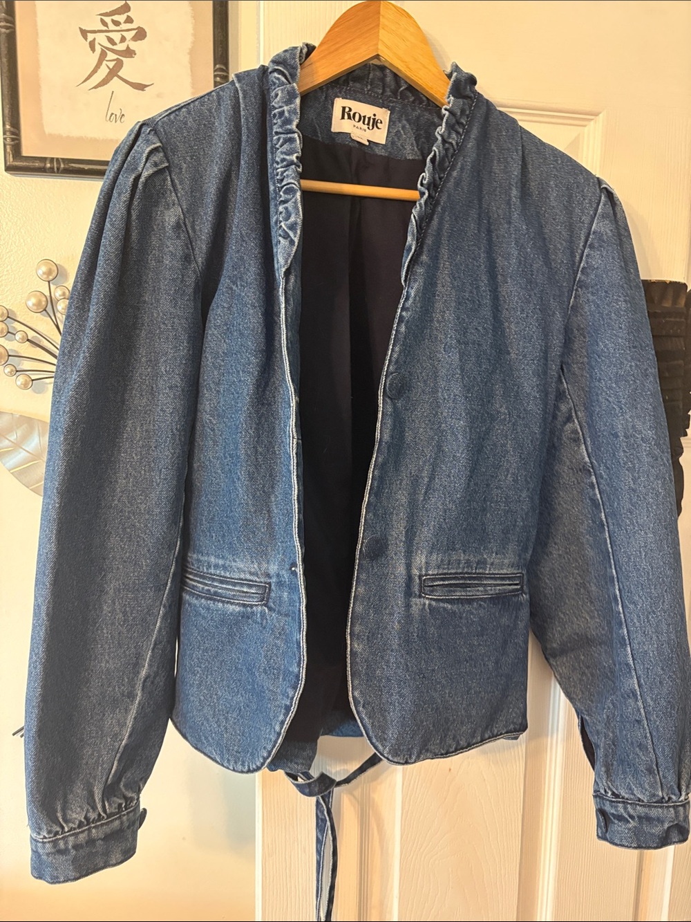 Rouje Denim Jacket with Ruffle Collar and Tie Waist